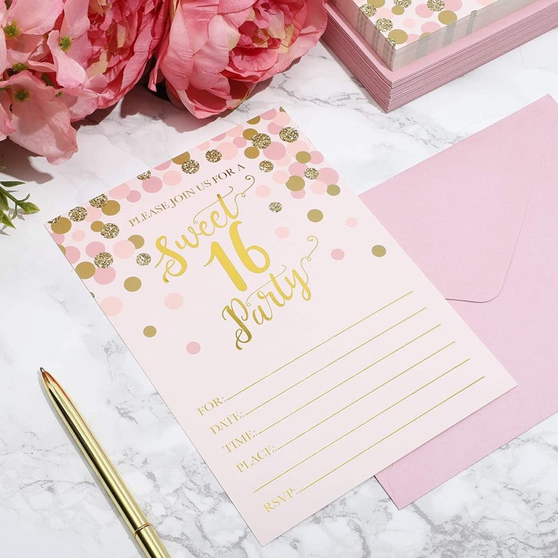 Sparkle and Bash 36-Pack Sweet 16 Birthday Invitations - Pink & Rose Gold Foil, 5 x 7 in - Cardstock Party Invites with Envelopes & Preprinted RSVP - Sweet 16 Party Invitations for Girls - Image 2